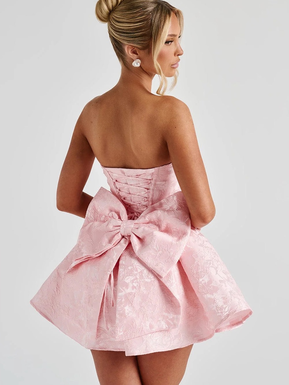 Babyboo Strapless Pink Jacquard Mini Dress with Statement Bow